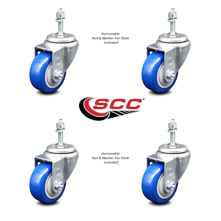 Service Caster 3 Inch Blue Polyurethane Wheel Swivel 3/8 Inch Threaded Stem Caster Set SCC SCC-TS20S314-PPUB-BLUE-381615-4